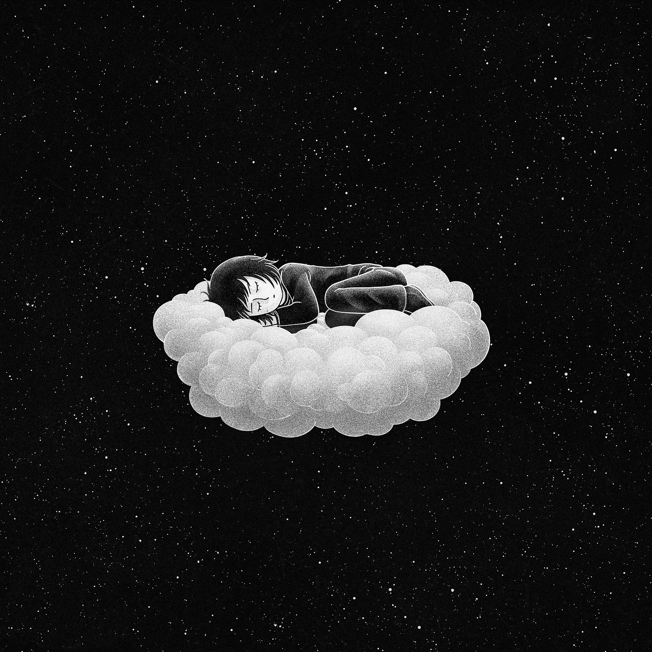 a black and white photo of a person sleeping on a cloud, inspired by William Stout, tumblr, floating in deep space, kim hyun joo, mobile wallpaper, sarah andersen