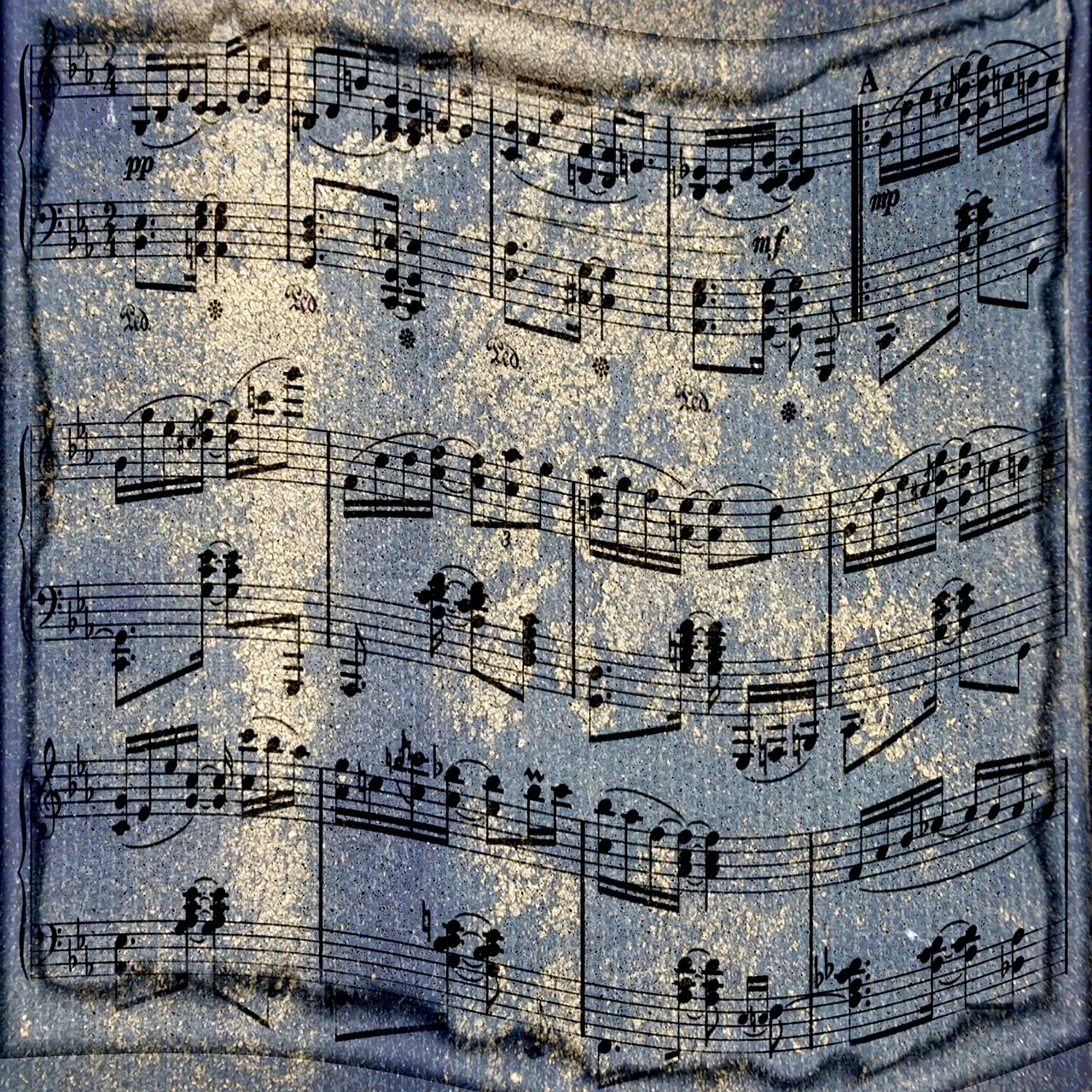 a close up of a sheet of music, an album cover, by Jan Sawka, trending on pixabay, fine art, blue-fabric, grunge art, hi - res, musical notes