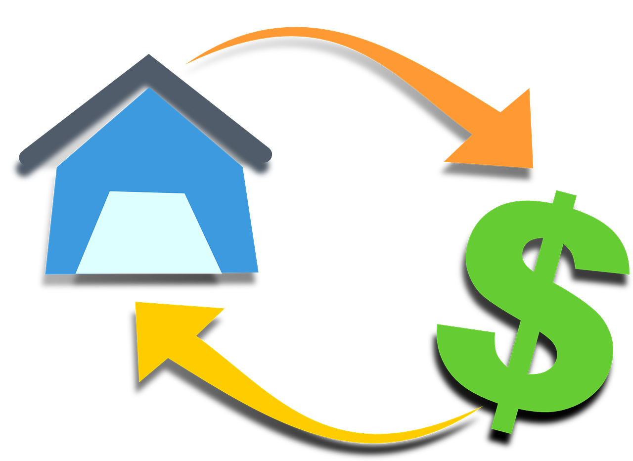a house with a dollar sign in front of it, by Tom Carapic, pixabay, conceptual art, with two arrows, half turned around, on a flat color black background, houses