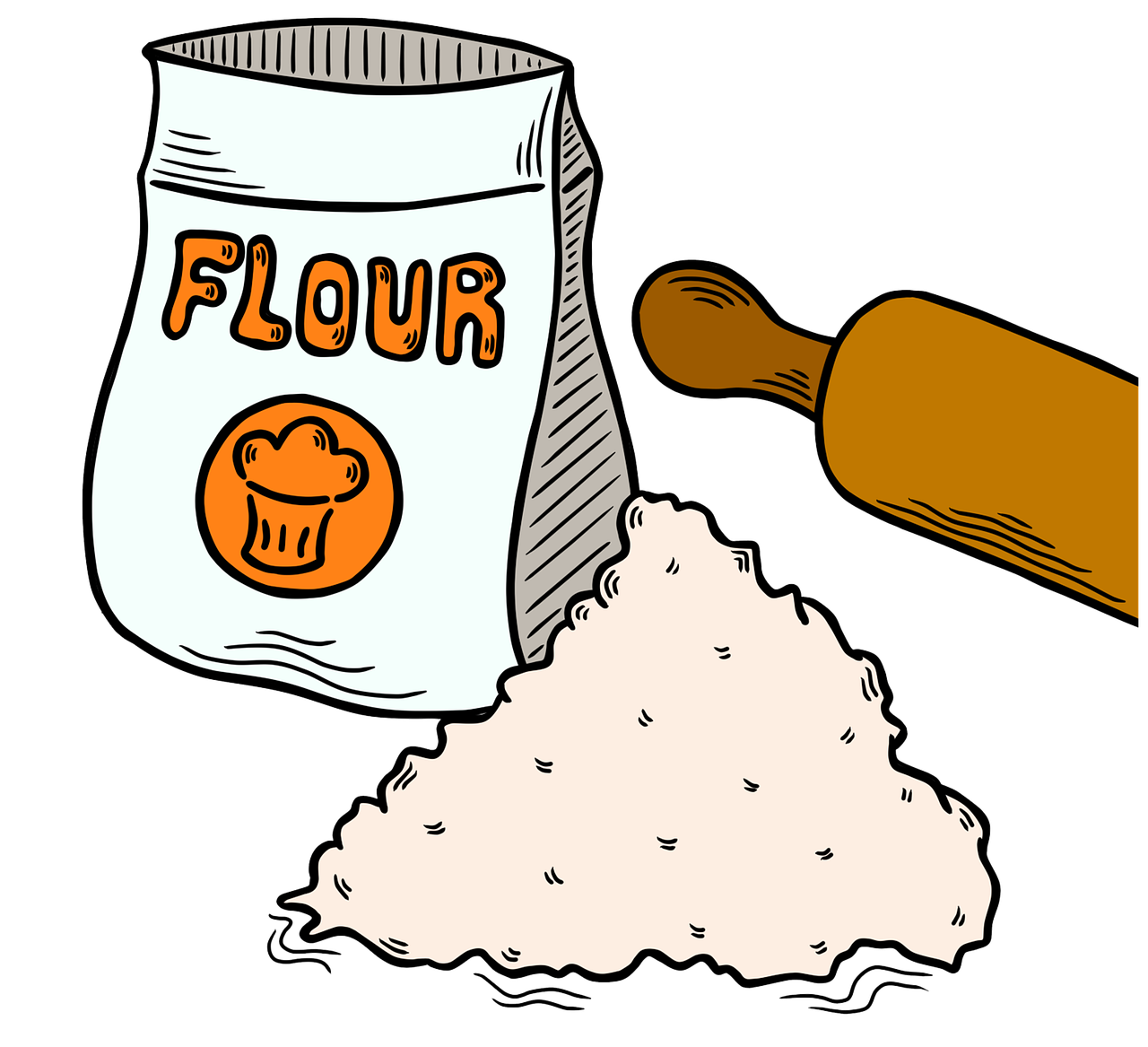 a bag of flour next to a rolling pin, an illustration of, folk art, high contrast illustration, clip-art, wikihow illustration, on black background