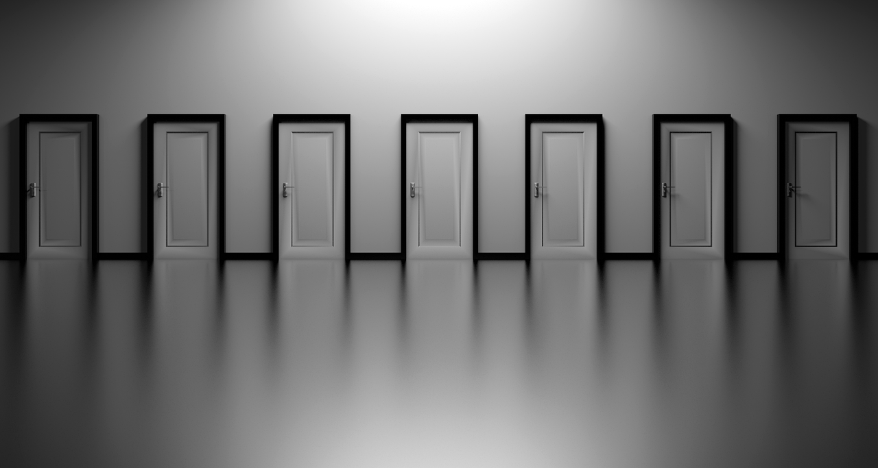 a black and white photo of a row of doors, a picture, pixabay, surreal 3 d render, photo photo