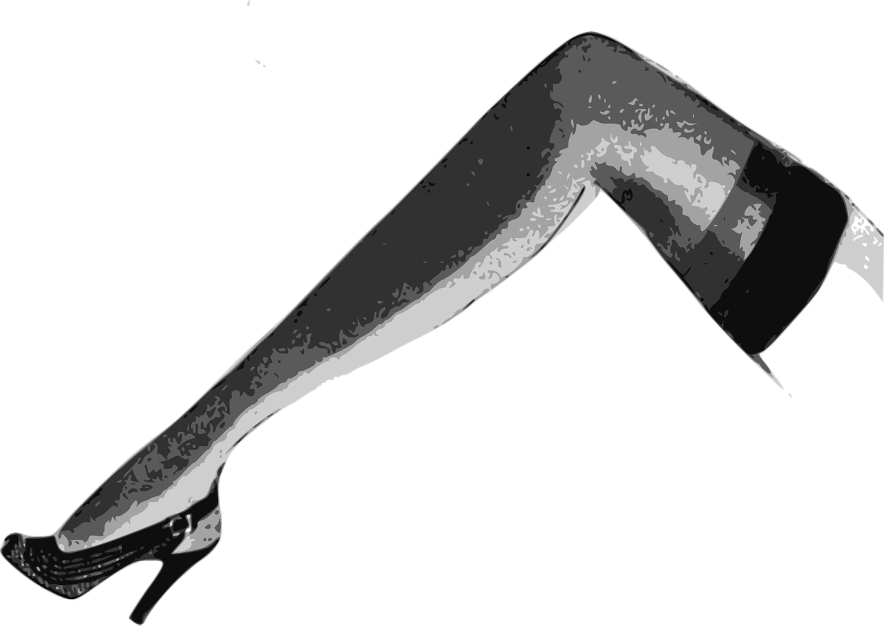 a woman's legs in stockings and high heels, a raytraced image, inspired by Lillian Bassman, pixabay, elongated arms, with a black background, prosthetic arm, fig.1