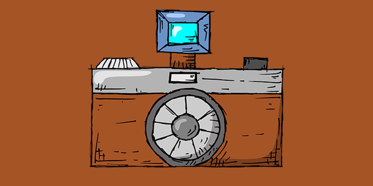 a drawing of a camera on an orange background, art photography, digital comic, pc screen image, family photo, jpeg artefacts
