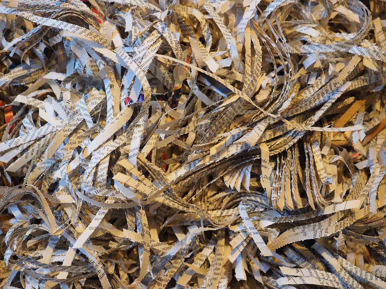 a pile of shredded paper sitting on top of a table, a stock photo, by Jacek Sempoliński, rows of razor sharp teeth, local close up, waste processing machinery, crumpled newspaper as a texture