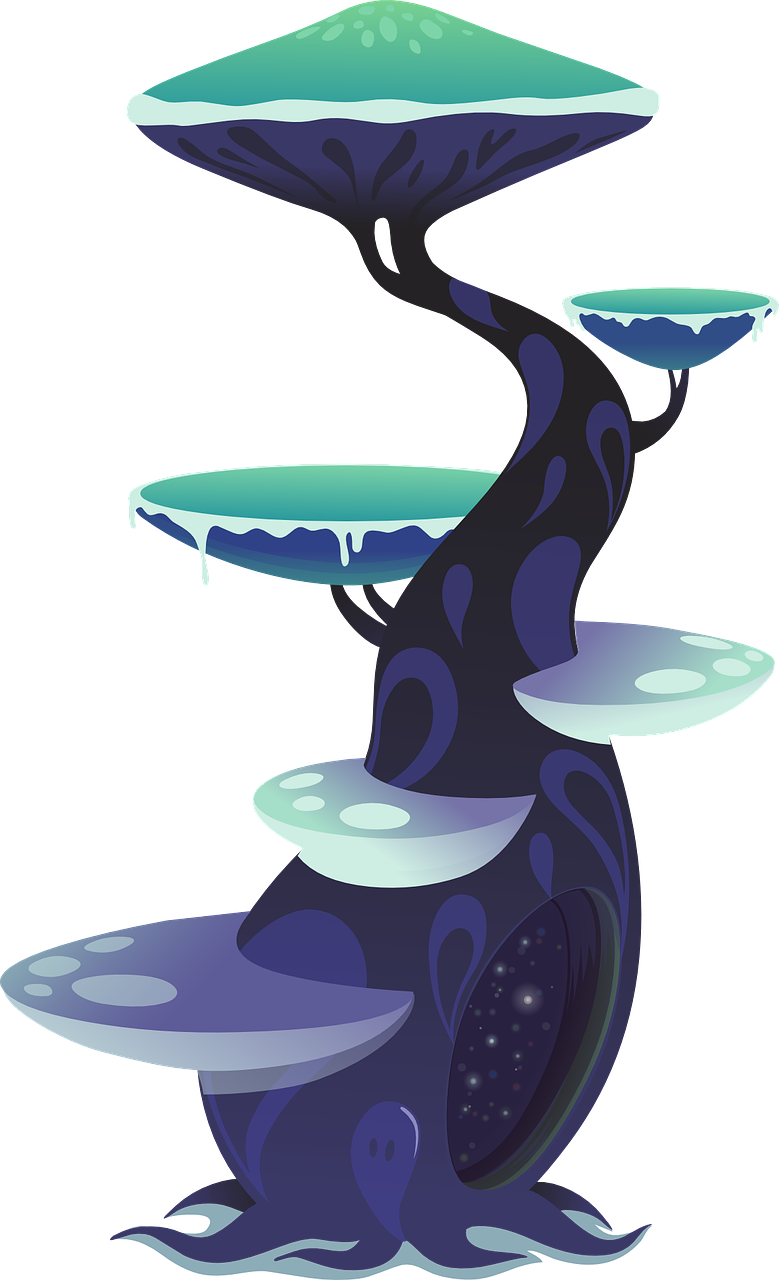 a cartoon tree with a bowl on top of it, concept art, inspired by Eyvind Earle, conceptual art, twilight sparkle, dripping black iridescent liquid, random circular platforms, top - side view