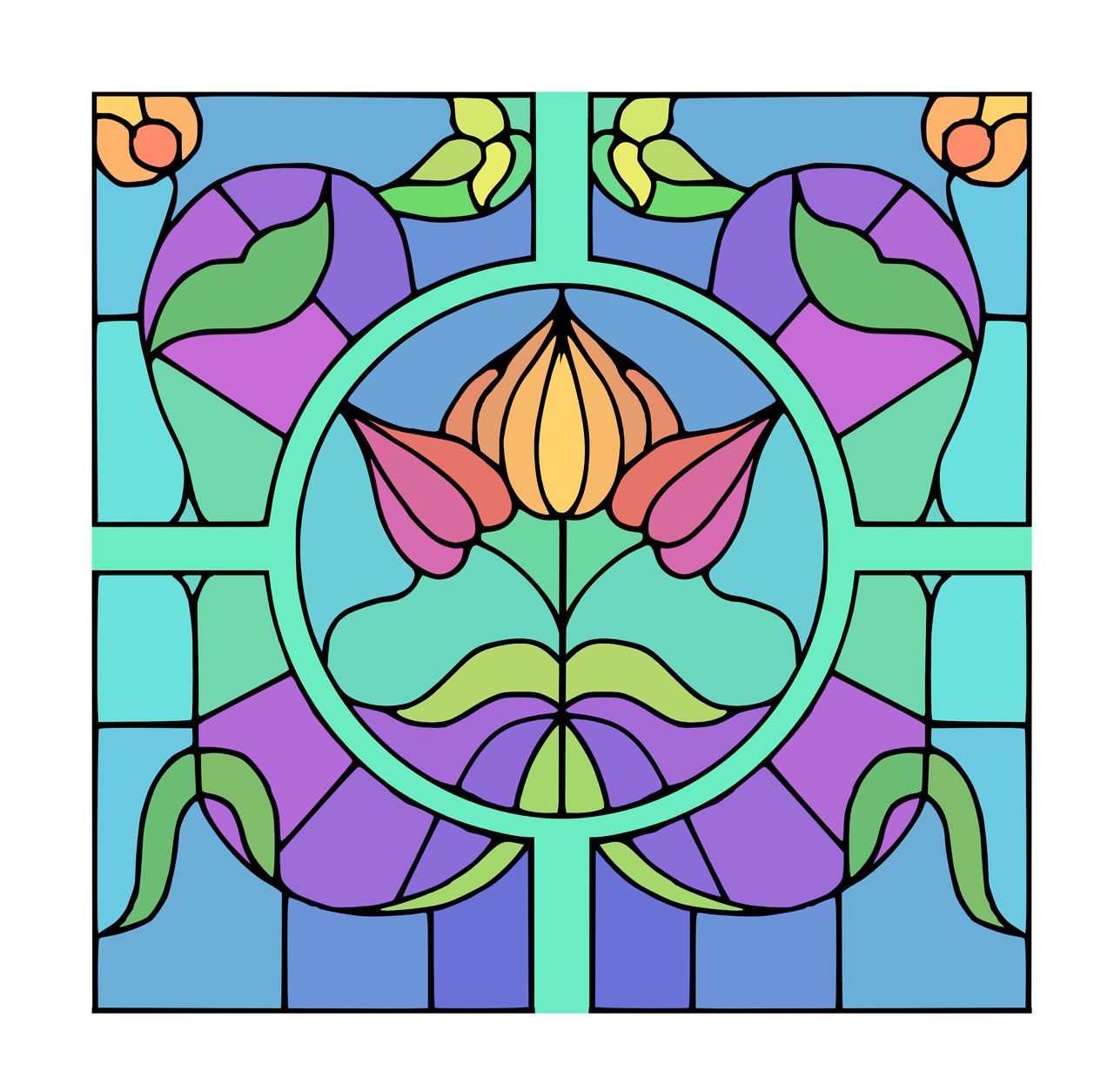 a stained glass window with a flower in the center, a digital rendering, by Andrei Kolkoutine, shutterstock, art nouveau, on a flat color black background, bright colors highly detailed, flowers. baroque elements, tulip