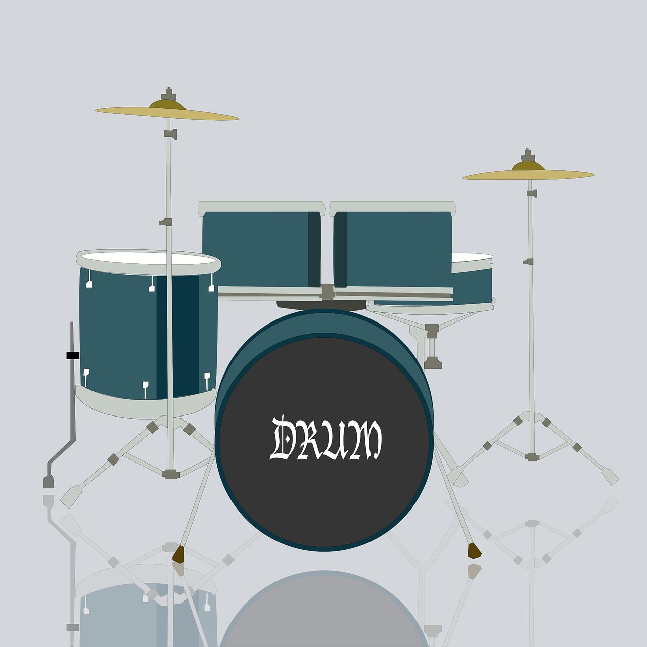 a blue drum kit sitting on top of a reflective floor, an illustration of, flat vector art, flat grey color, sharp illustration, straw