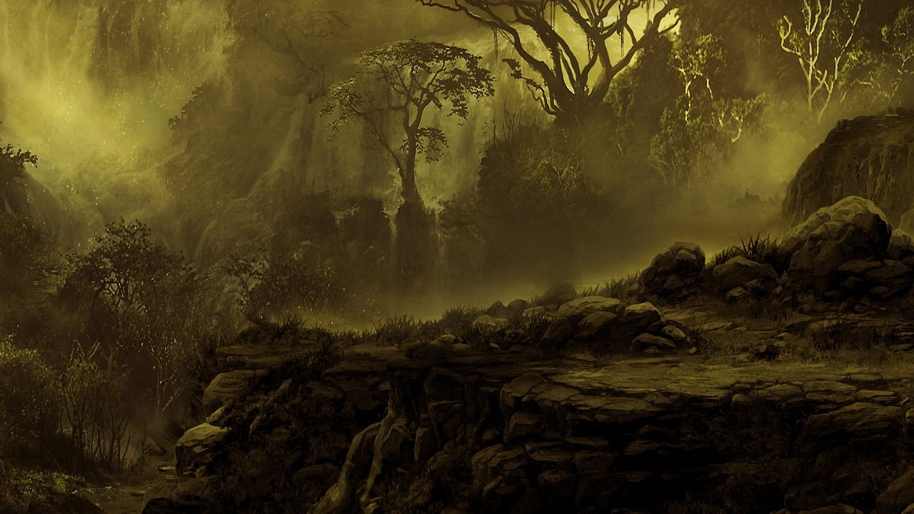 a man riding a horse through a lush green forest, a matte painting, cgsociety contest winner, tonalism, yellow mist, jungle background with ruins, an image of a moonlit forest, bushveld background