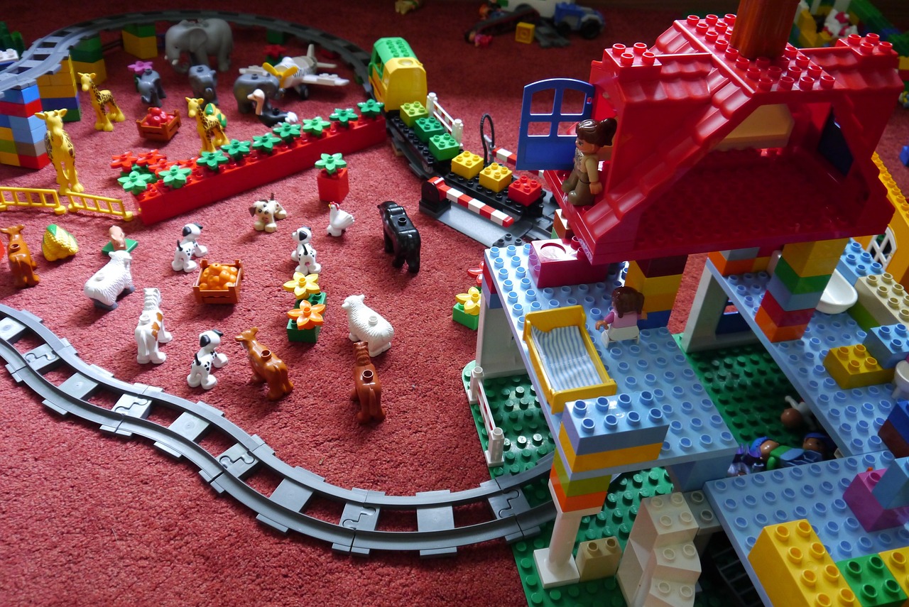 a play yard with animals and lego blocks