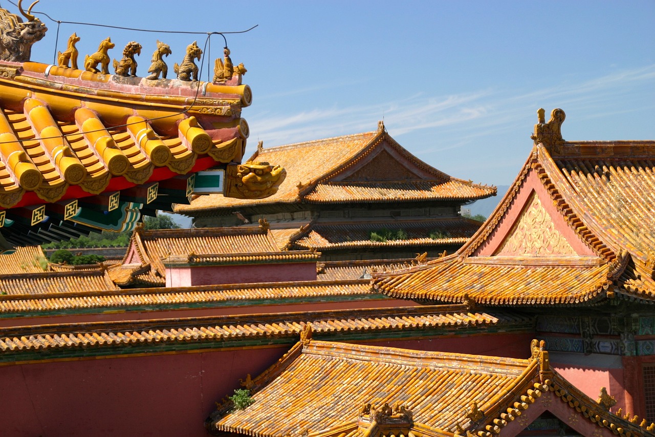 a close up of a roof of a building, inspired by Yang Buzhi, shutterstock, the imperial palace, from the distance, caramel, pan ren wei