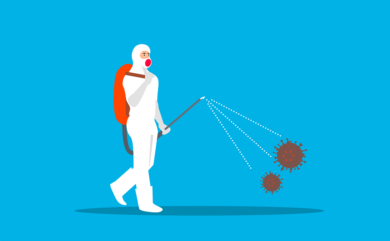 a man with a backpack sprays disinfectants on a blue background, an illustration of, virus, which goes near the ground, dressed a long white, (rust)