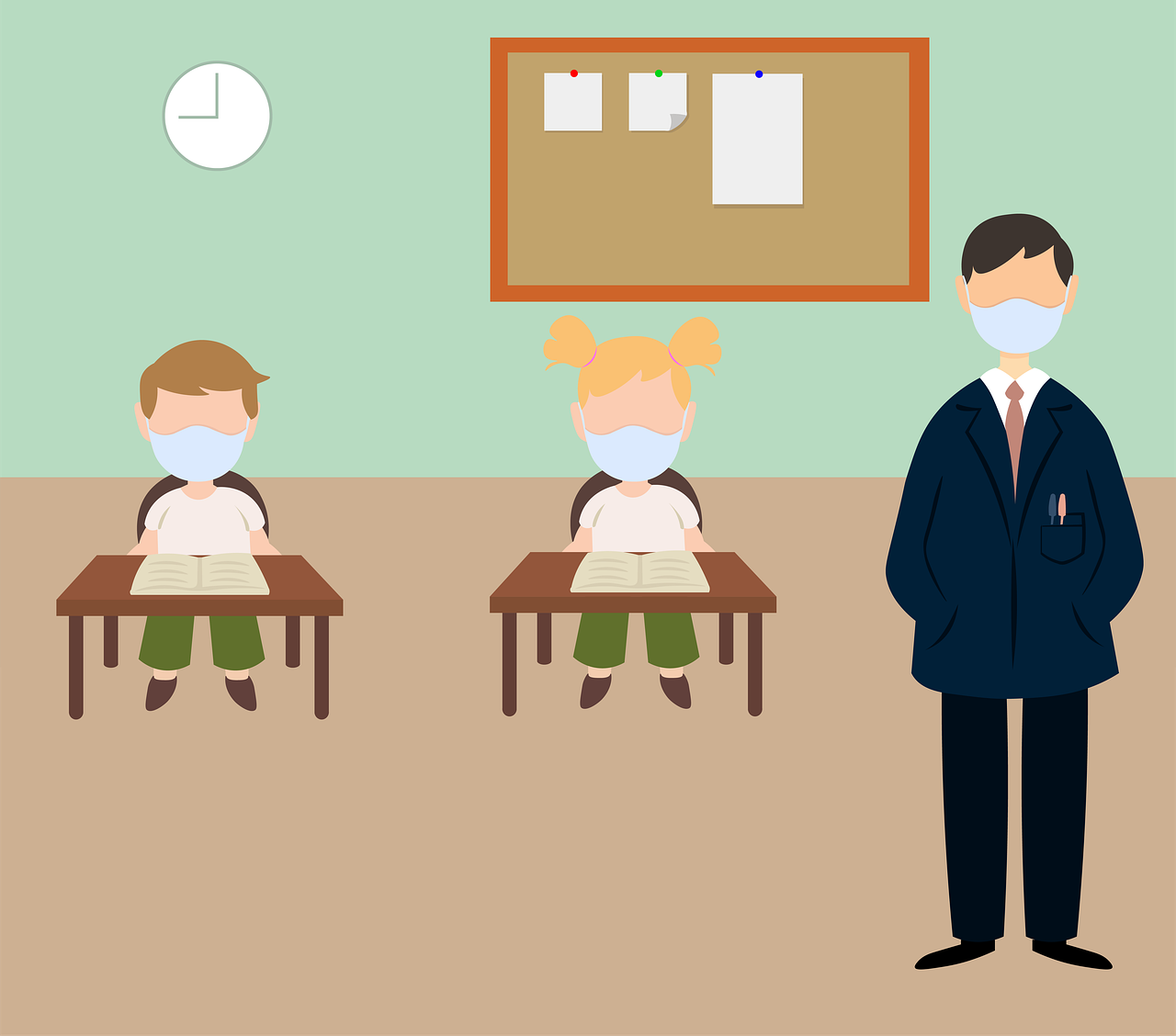 a man wearing a face mask in a classroom, an illustration of, naive art, uniform background, girl, trio, minimalistic illustration