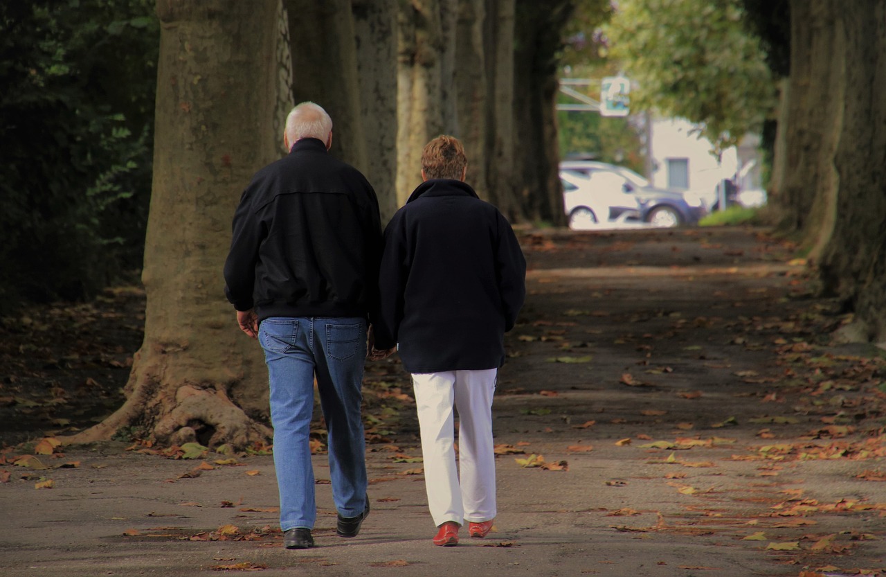 a man and a woman walking down a path, a photo, elderly, october, city park, comfort