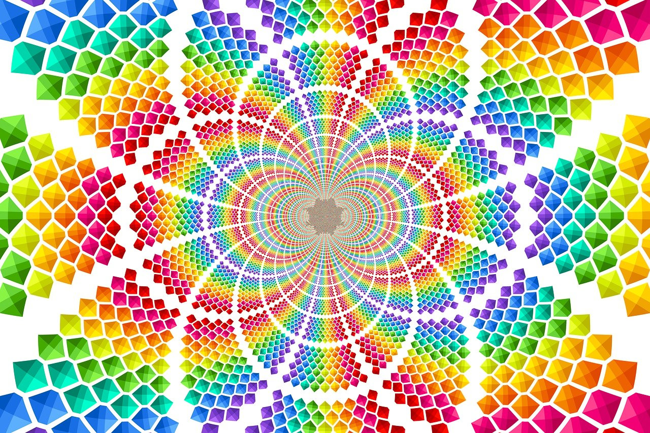 a multicolored pattern of squares on a white background, pixel art, pixabay, psychedelic art, infinite fractal mandala tunnel, rainbow gradient bloom, !!! very coherent!!! vector art, vector graphics