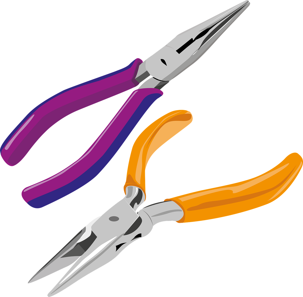 a couple of pliers sitting next to each other, a digital rendering, by Josetsu, multicolored vector art, some purple and orange, clip-art, high detail illustration