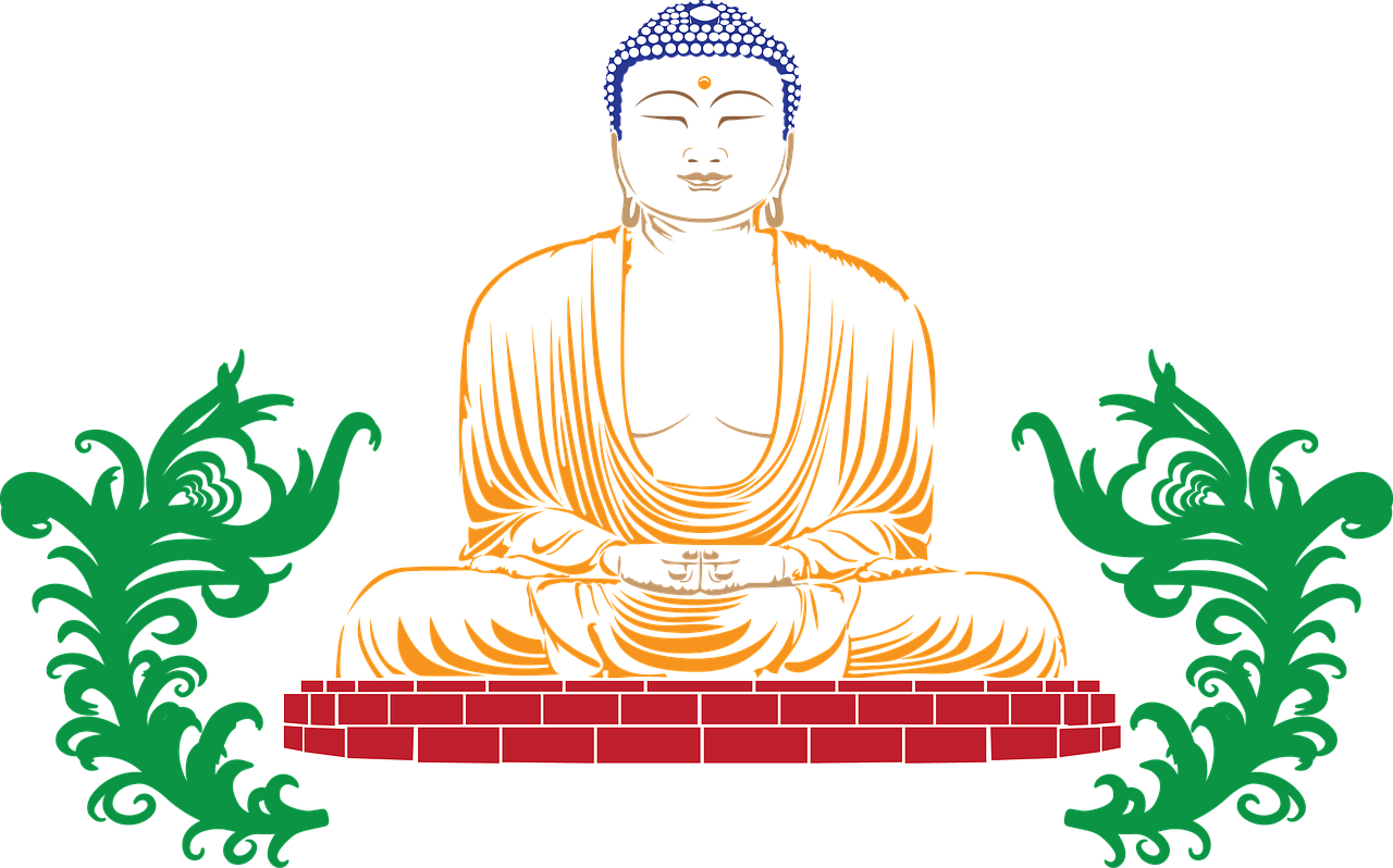 a buddha statue sitting on top of a red brick, a digital rendering, inspired by Shūbun Tenshō, sōsaku hanga, guwahati, emblem of wisdom, wearing black robes, ( ( illustration