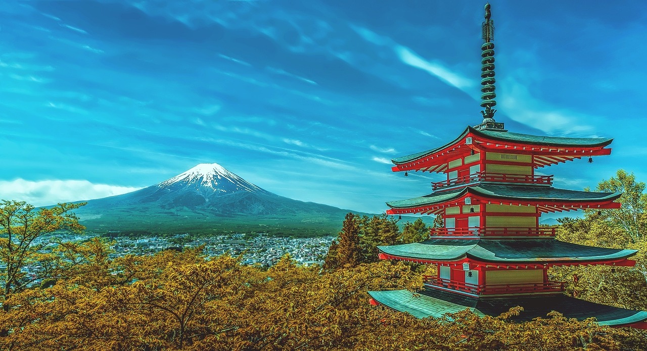 a pagoda with a mountain in the background, a picture, inspired by Sesshū Tōyō, pexels contest winner, 1128x191 resolution, fuji choco, pop japonisme 3 d ultra detailed, ethnicity : japanese