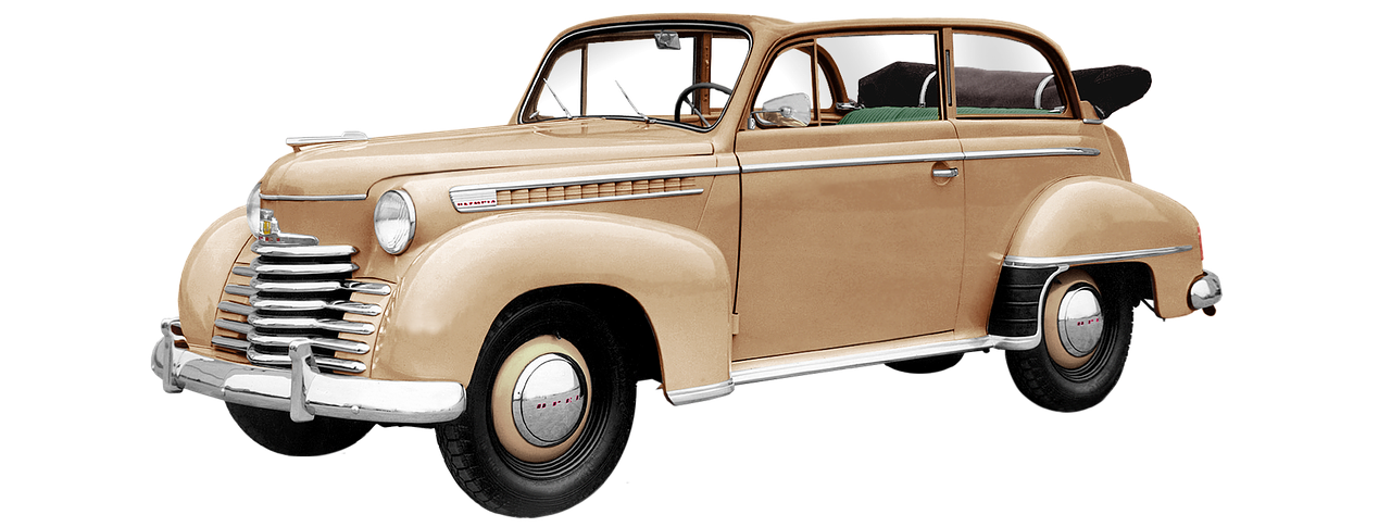 an old car is shown on a black background, a digital rendering, by Hans Fischer, pixabay, bauhaus, beige mist, moskvich, full-length view, colourised
