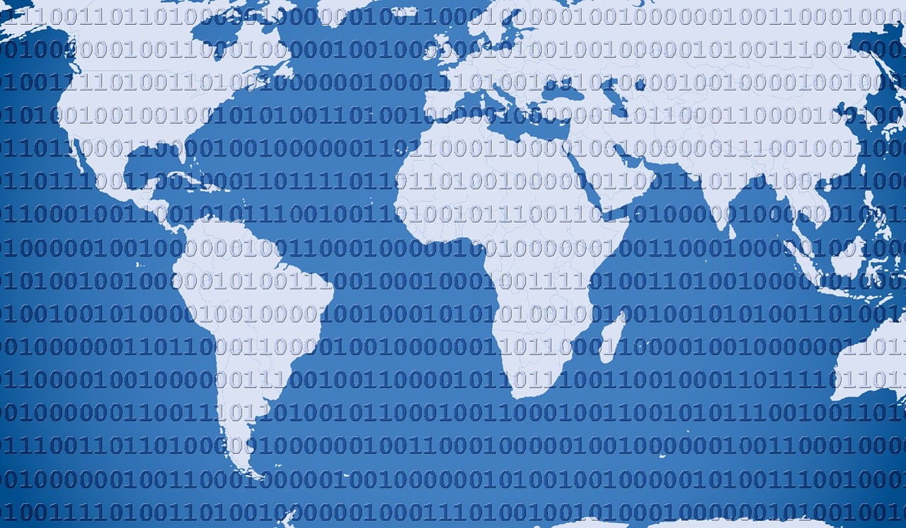 a map of the world on a blue background, a digital rendering, by Jeanna bauck, pixabay, ascii art, detail shot, binary, in front of the internet, istockphoto