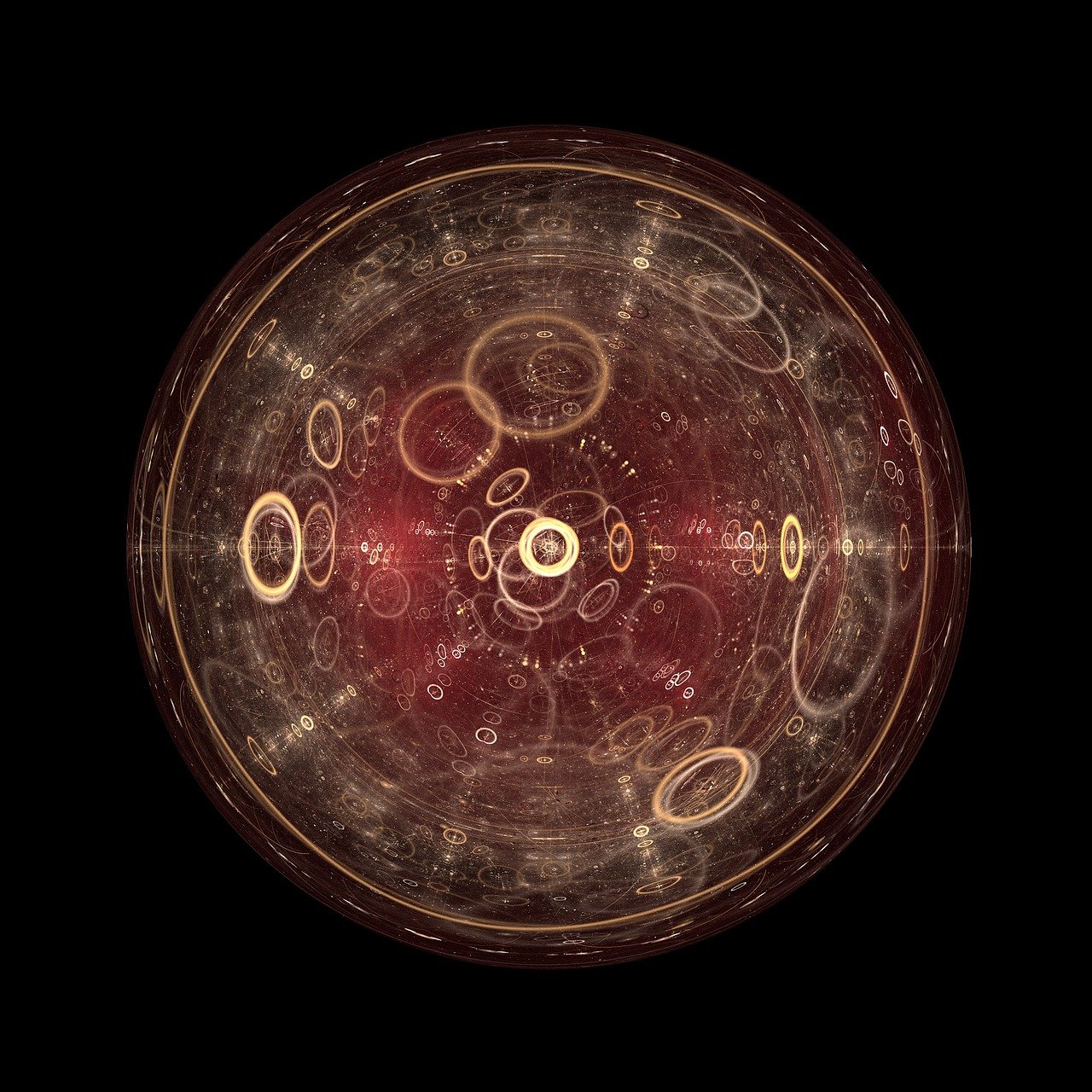 a close up of a circular object on a black background, a digital rendering, vivid steampunk concept, red and golden color details, bubble chamber, geometry and astrology