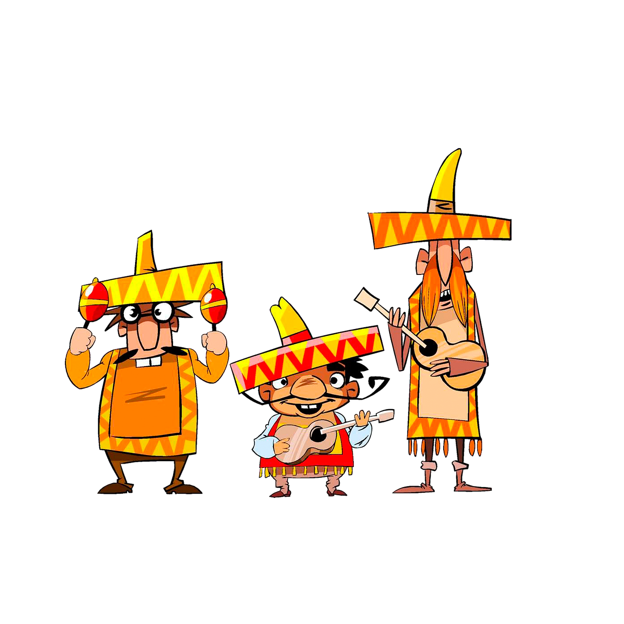 a group of cartoon characters standing next to each other, concept art, by Bob Singer, conceptual art, sombrero, on black background, chile, the three moiras