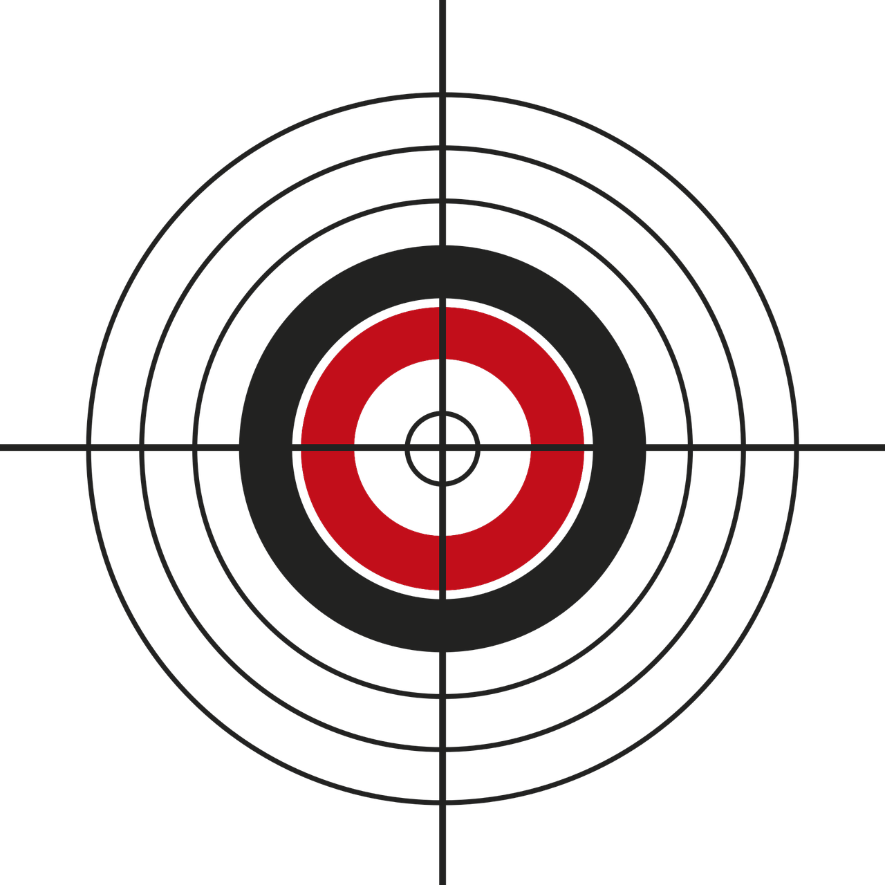 a red and black target on a black background, flickr, digital art, bird view, gun at bottom of screen, round background, panel of black
