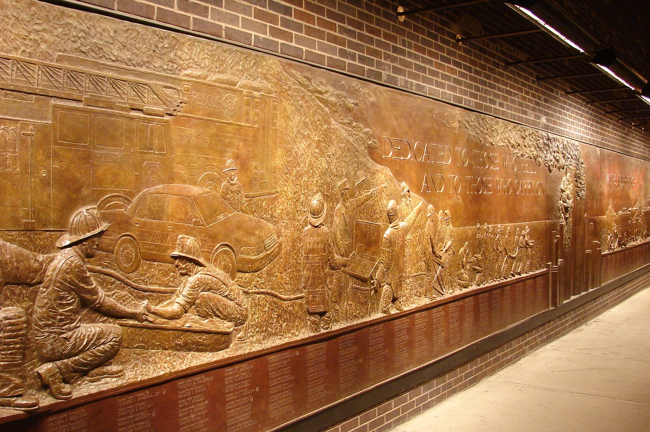 a wall that has a bunch of carvings on it, a bronze sculpture, by Carl Eytel, flickr, fargo, subway station, patriotic, copper