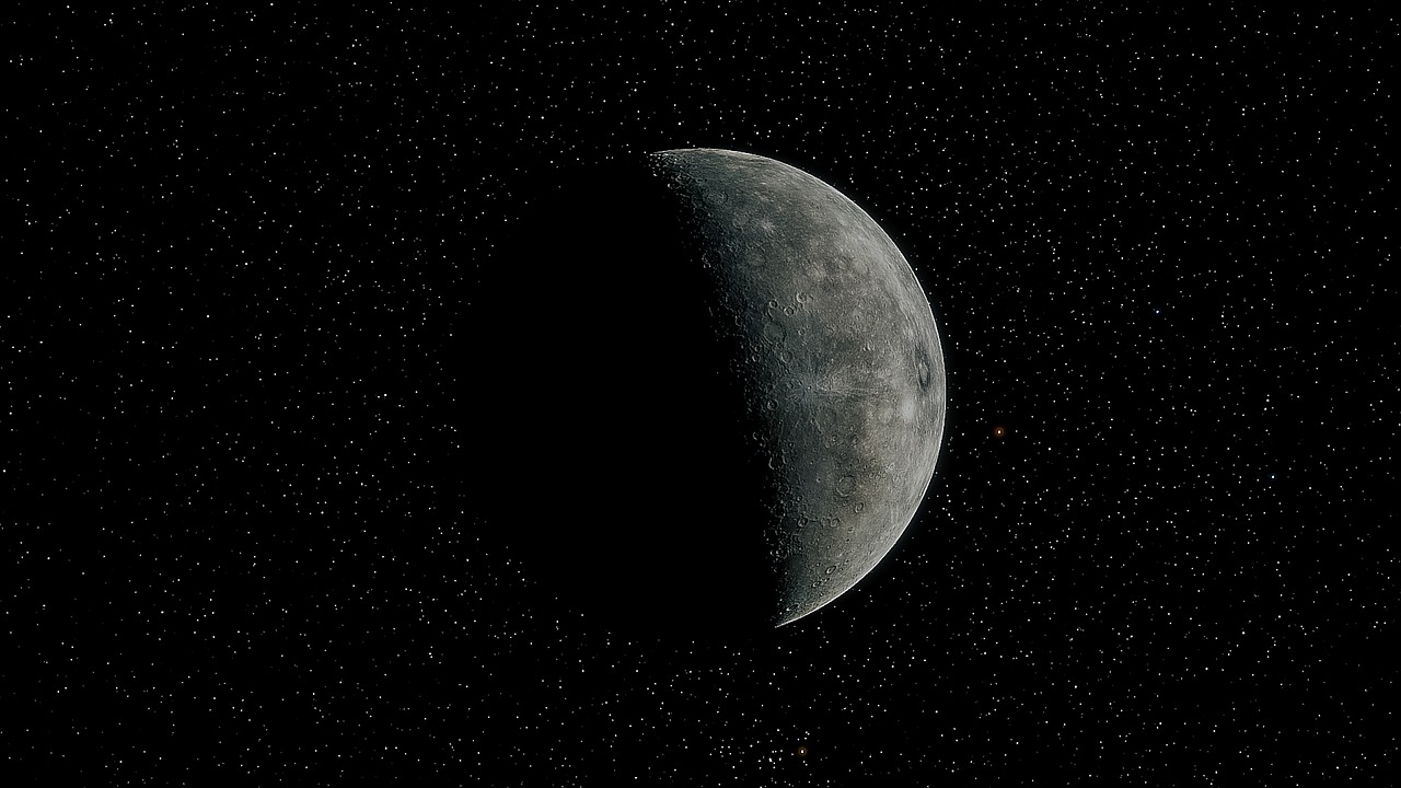 a close up of the moon with stars in the background, an illustration of, by Hans Werner Schmidt, flickr, break of dawn on pluto, very sharp and detailed image, mercury, stock photo