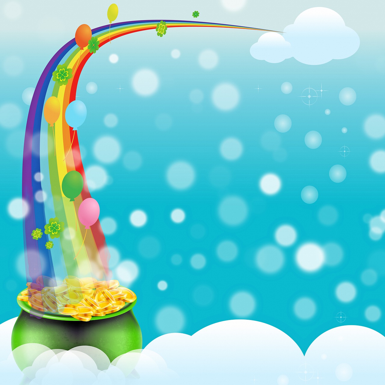 a pot of gold with a rainbow coming out of it, an illustration of, conceptual art, bubble background, air brush illustration, random background scene, confetti