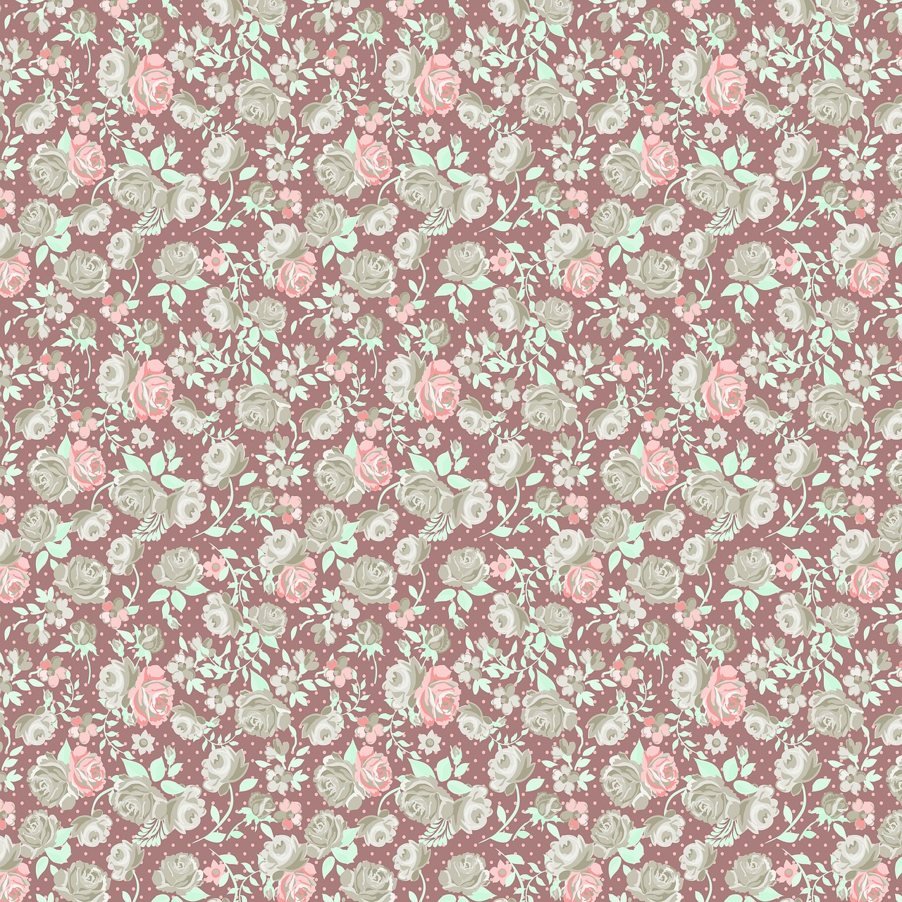 a pink and green floral pattern, a digital rendering, inspired by Annie Rose Laing, rococo, brown background, pastel roses, tesselation, 4k high res