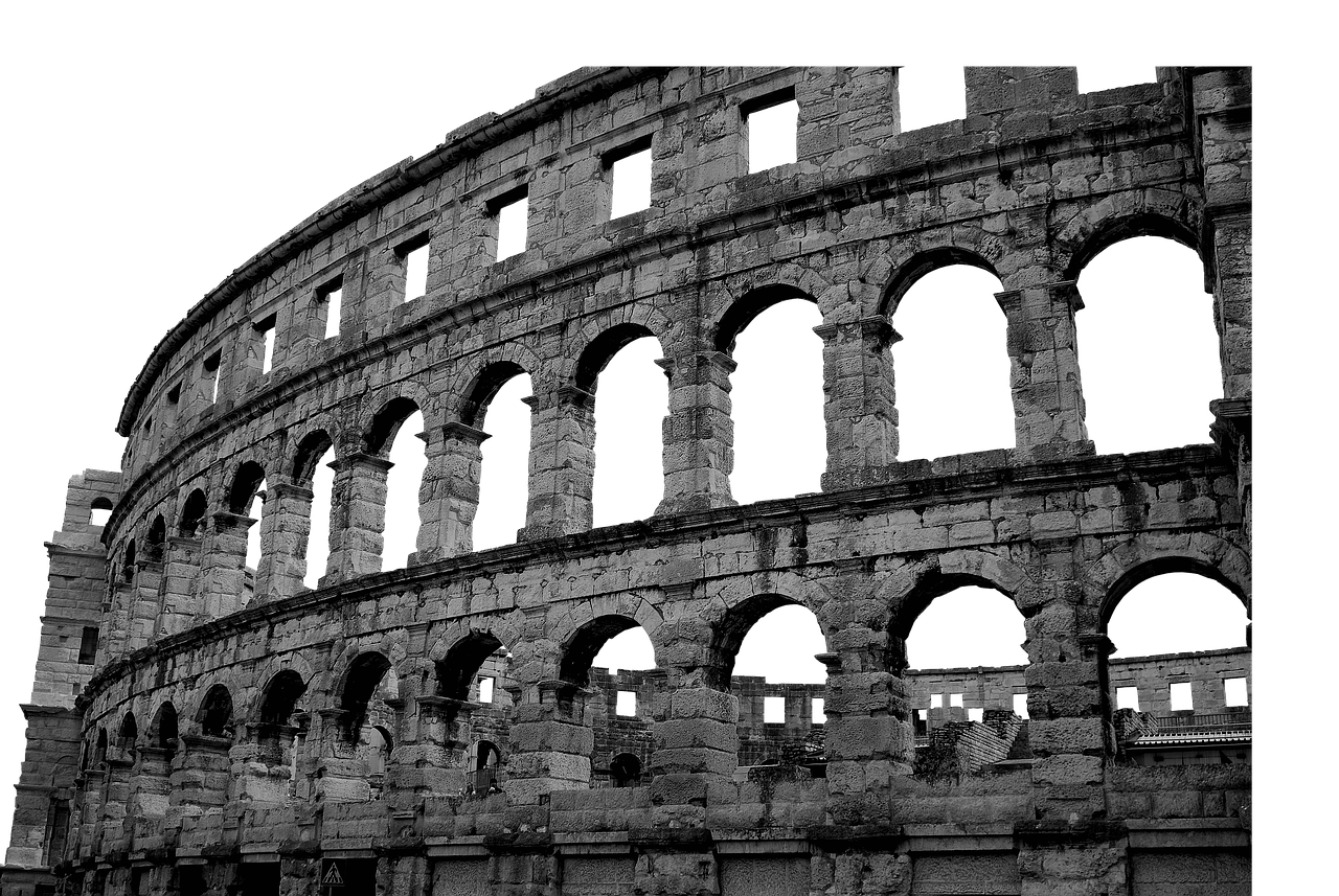 a black and white photo of the colossion, pexels contest winner, romanesque, arena background, amoled wallpaper, neon roman, detailed render