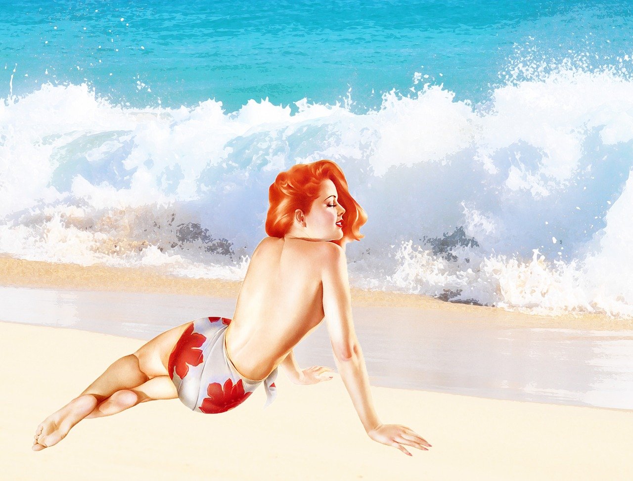 a woman laying on top of a sandy beach next to the ocean, a photorealistic painting, inspired by Bunny Yeager, tumblr, with red hair, photomanipulation, petra cortright, lana del rey