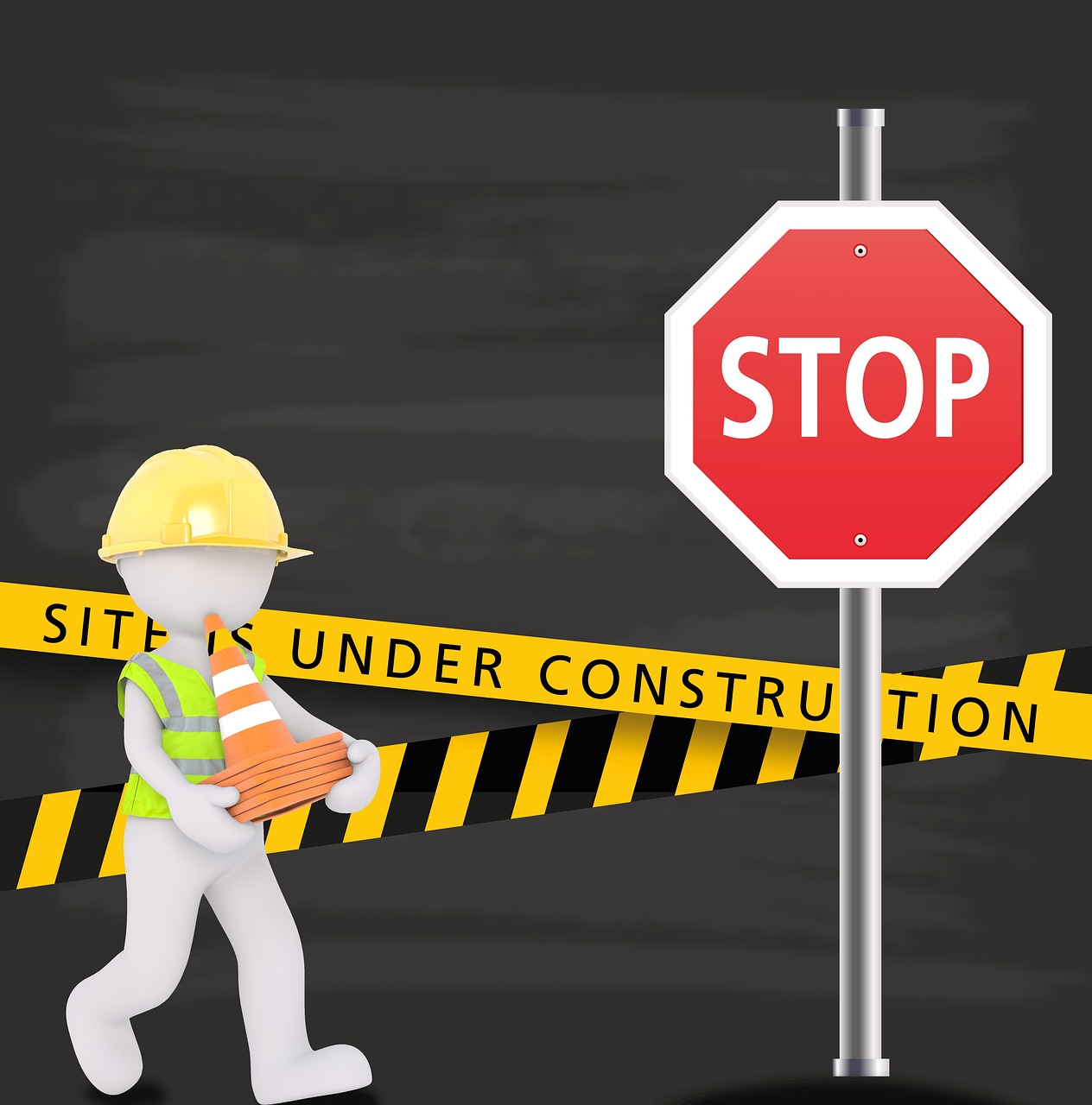 a construction worker walking past a stop sign, an illustration of, shutterstock, the background is black, boarded up, website, under construction