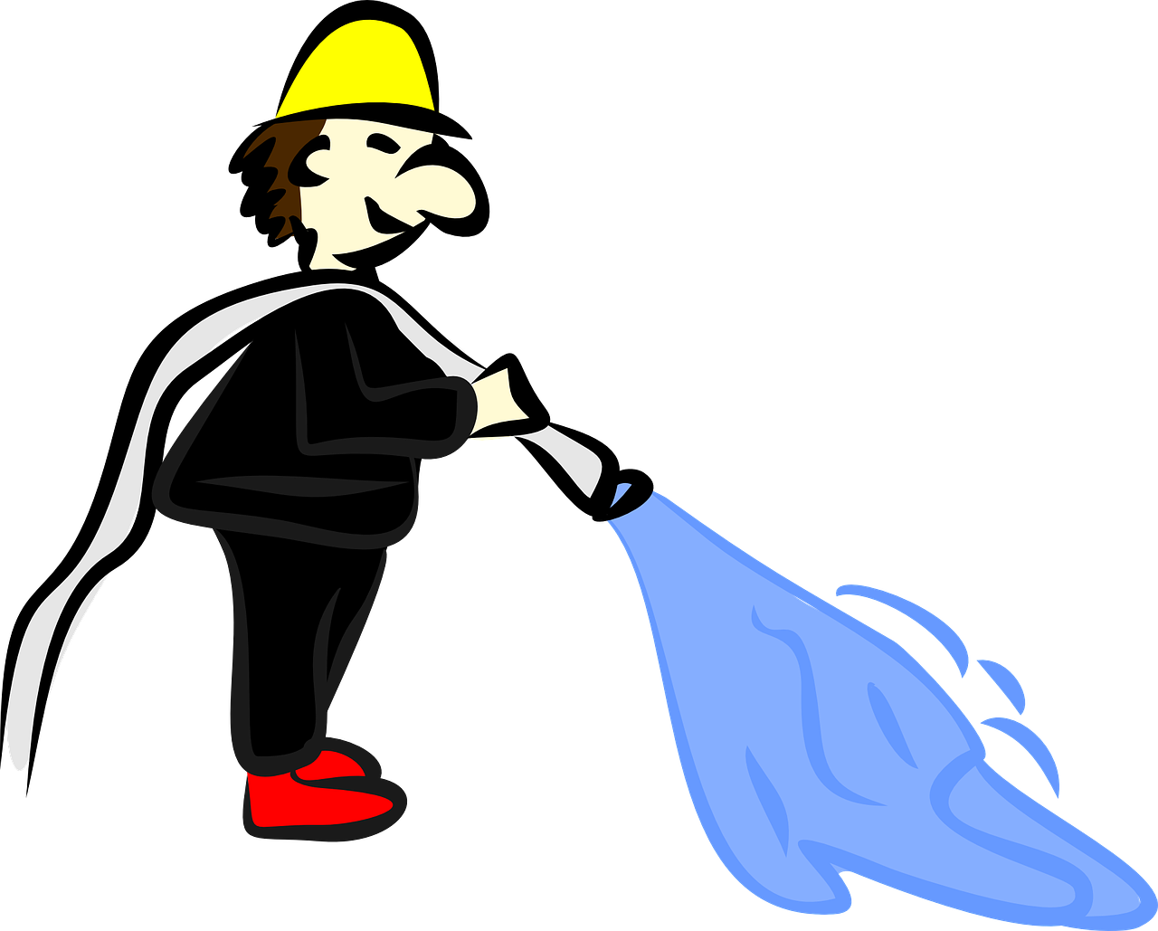 a cartoon man with a blue bag and a yellow hat, by Harry Beckhoff, pixabay, conceptual art, flashlight, sweeping, torrent, wearing plumber uniform