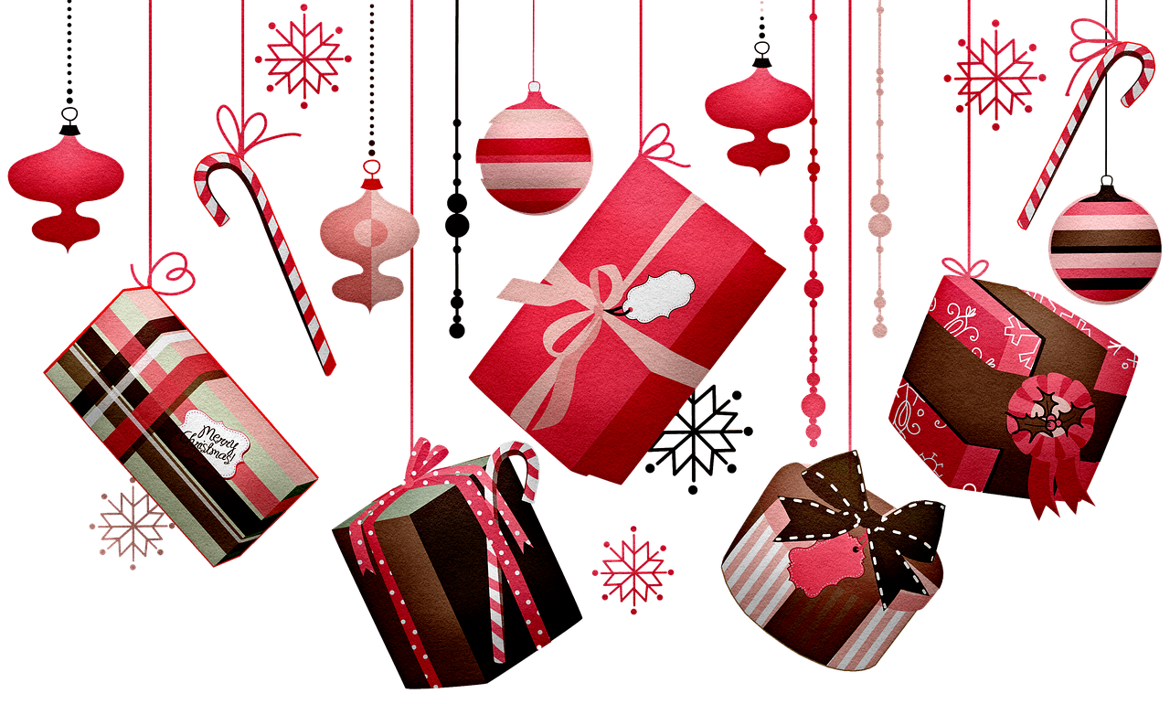 a bunch of christmas presents hanging from a string, by Lisa Nankivil, digital art, black and red color scheme, brown and pink color scheme, kit, candies