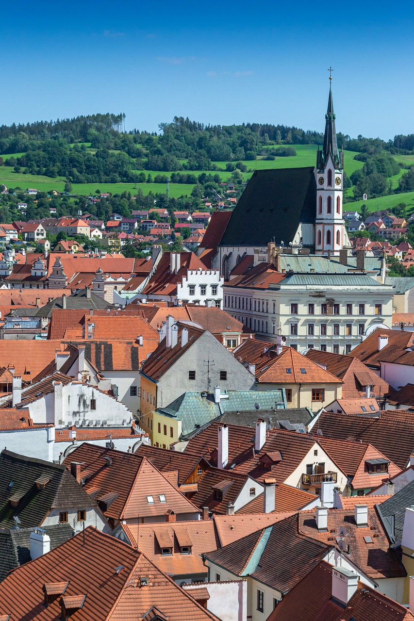 a view of a town from the top of a hill, a picture, by Sigmund Freudenberger, shutterstock, baroque, white buildings with red roofs, dezeen, slovakia, many details