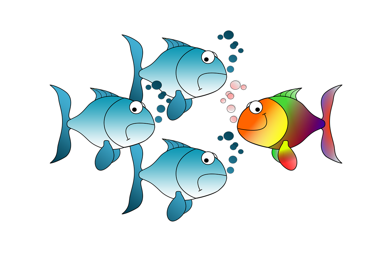 a group of fish swimming next to each other, an illustration of, by Vladimír Vašíček, trending on pixabay, precisionism, on a black background, mascot illustration, roygbiv, !!! very coherent!!! vector art