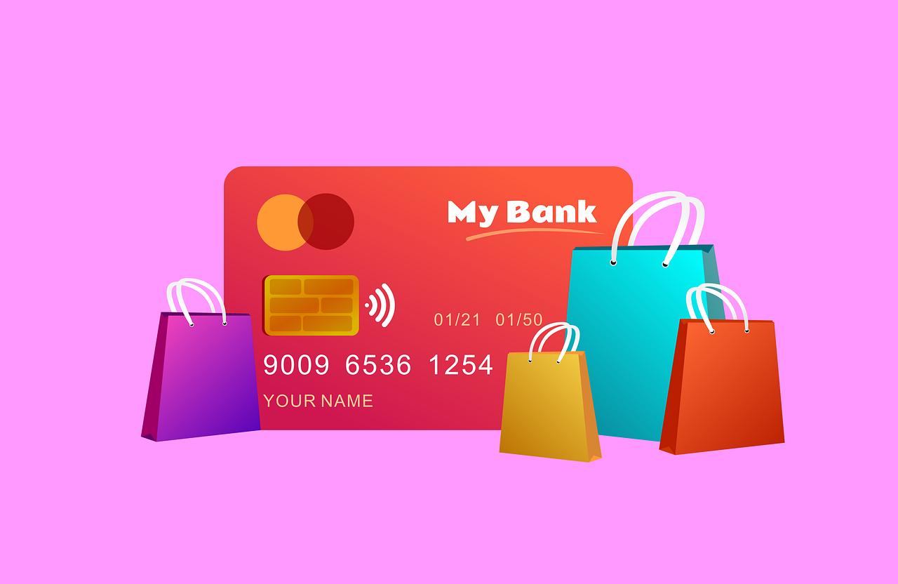a credit card sitting on top of a pile of shopping bags, a digital rendering, pink and red color scheme, flat vector, shops, say