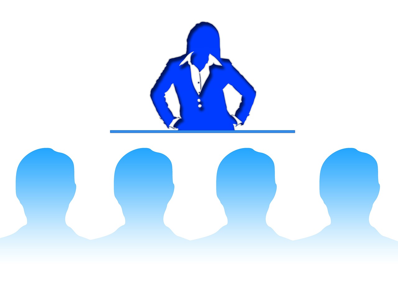 a man in a suit standing in front of a group of people, by Whitney Sherman, trending on pixabay, figuration libre, sitting on top a table, woman silhouette, blue, with a white background