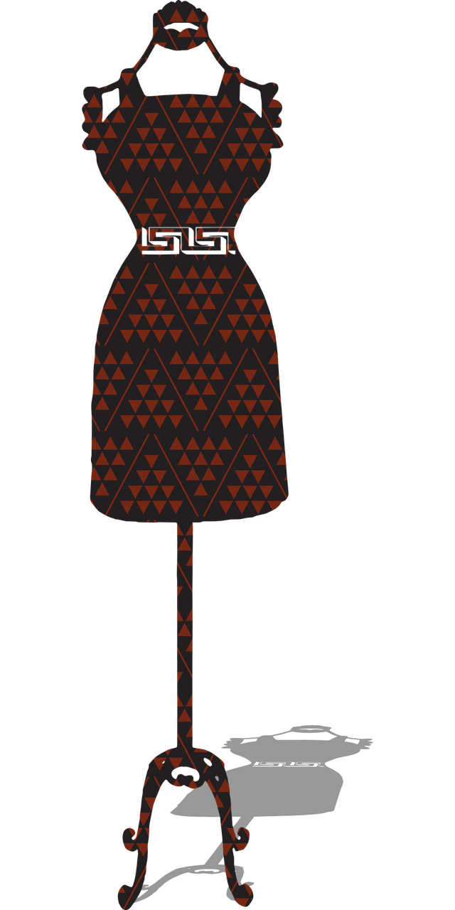 a dress on a mannequin on a stand, concept art, inspired by Sōtarō Yasui, tumblr, hurufiyya, west africa mask patterns style, background ( dark _ smokiness ), cone shaped, axe