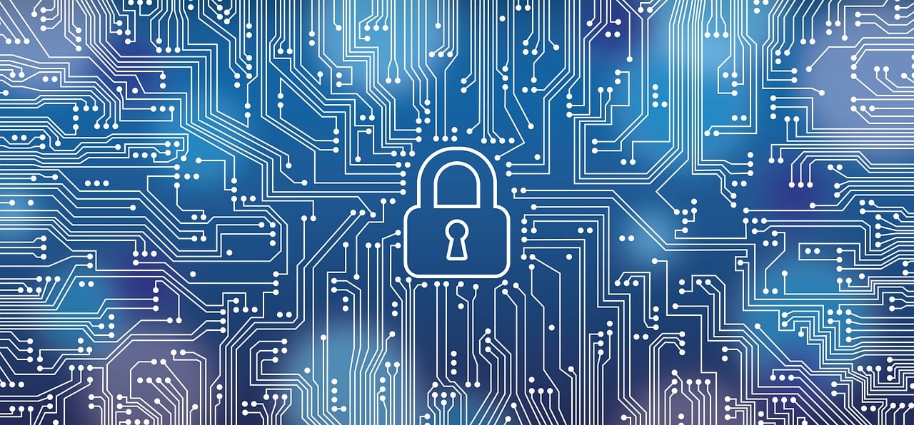 a circuit board with a padlock on it, a stock photo, pixabay, digital art, istockphoto, iconography background, virus, with a blue background