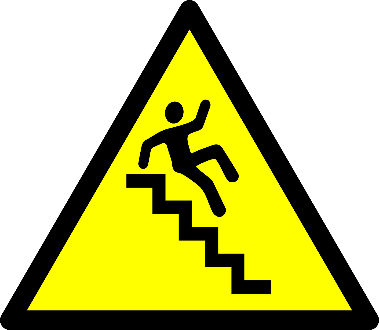 a sign with a man falling down a set of stairs, pixabay, hindu, adventure playground accident, wikipedia, lab