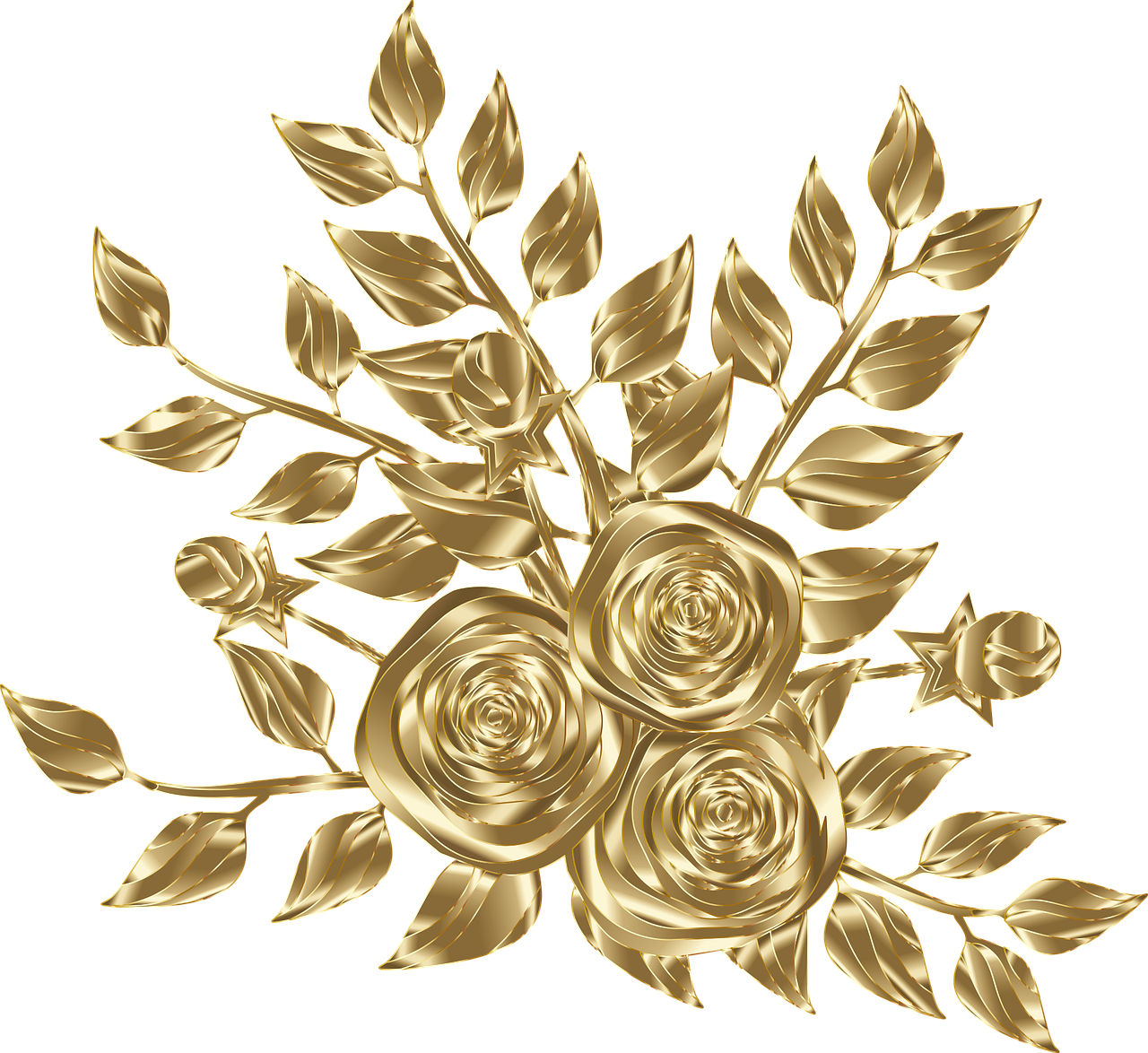 a bouquet of gold roses on a black background, a digital rendering, inspired by Gustav Doré, laurels of glory, metal art, intricate art deco leaf designs, golden wood carved in relief