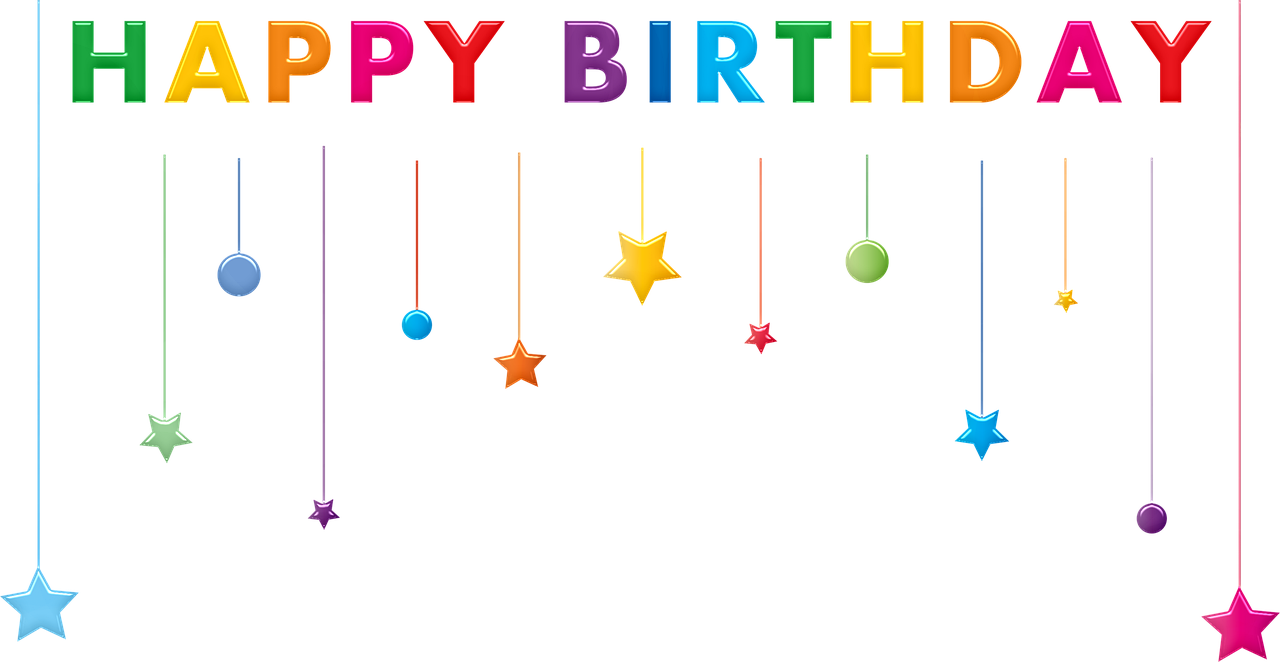 a birthday card with the words happy birthday hanging from strings, a digital rendering, black background with stars, rainbow, high definition screenshot, toys