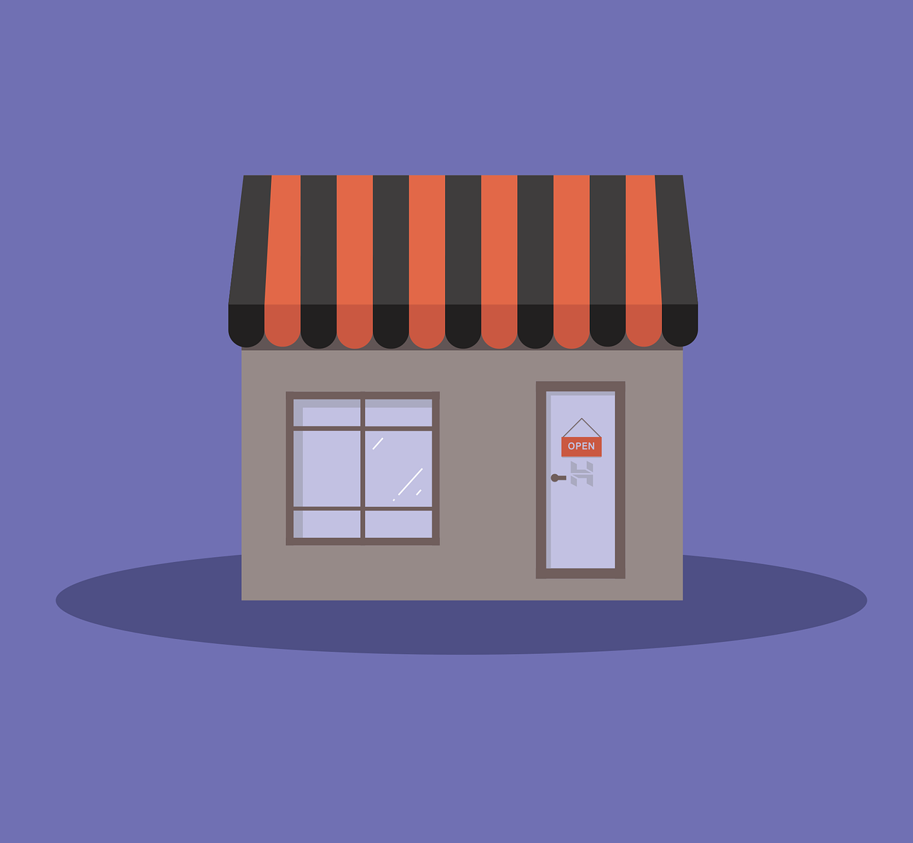 a small store with a red and black awning, conceptual art, dark flat color background, orange and purple color scheme, simple and clean illustration, background image