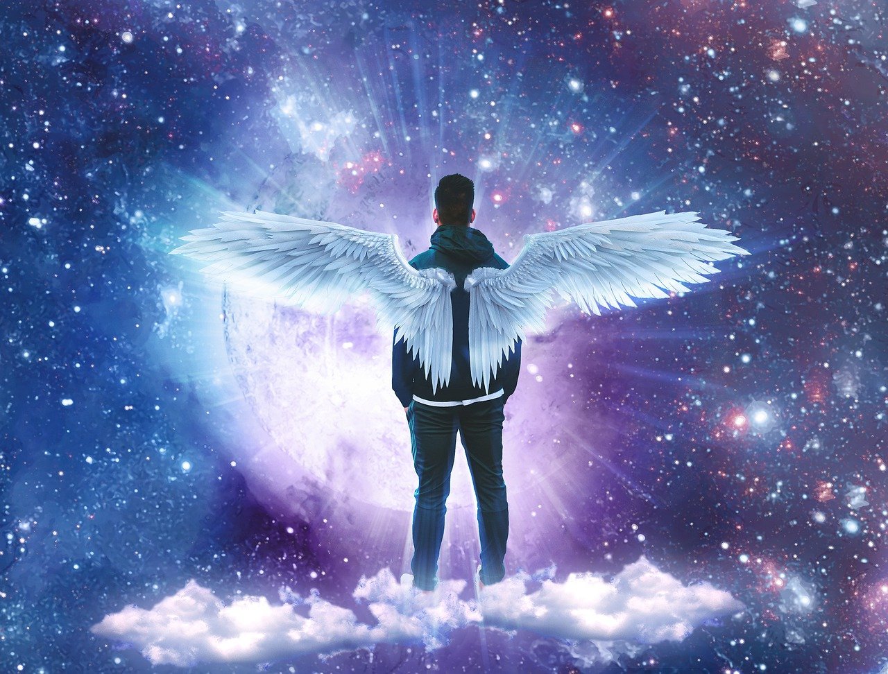 a person standing on top of a cloud in the sky, digital art, magical realism, big angel wings on back, on a galaxy looking background, with two pairs of wings, high quality fantasy stock photo