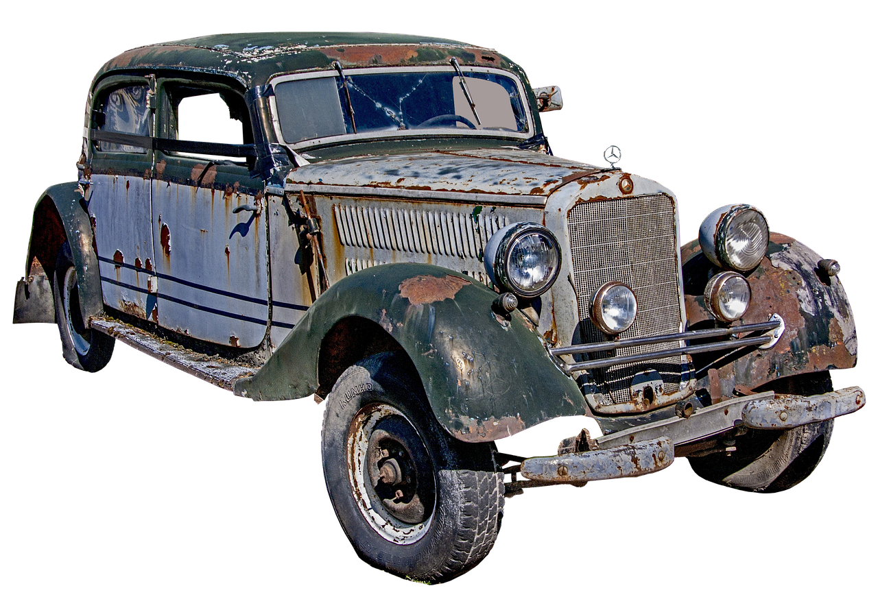 a rusty old car on a black background, by Arnie Swekel, pixabay contest winner, photorealism, made from million point clouds, mercedez benz, 1 9 3 3, colourized