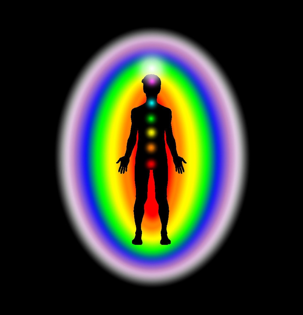 a person standing in front of a rainbow light, a hologram, shutterstock, body symmetrical anatomy, aura of power. detailed, figure in center, attractive male deity