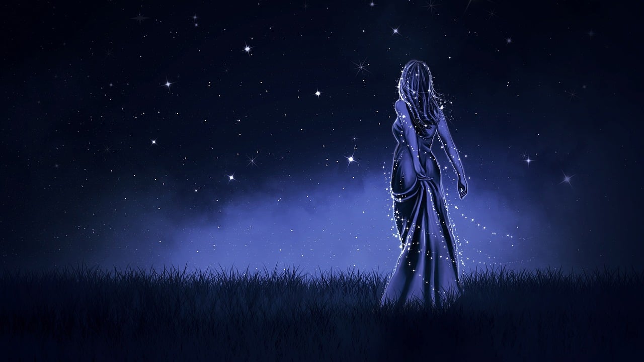 a woman that is standing in the grass, digital art, tumblr, stars glistening in the night, midnight blue, godess, star walk