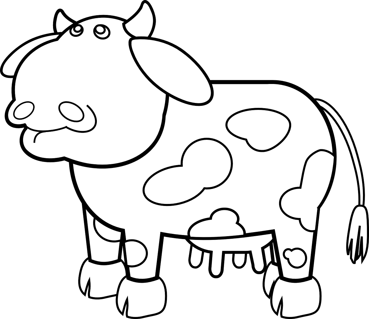 a black and white drawing of a cow, a cartoon, by Matt Stewart, pixabay, mingei, detailed white liquid, coloring book page, outline glow, ( 3 1
